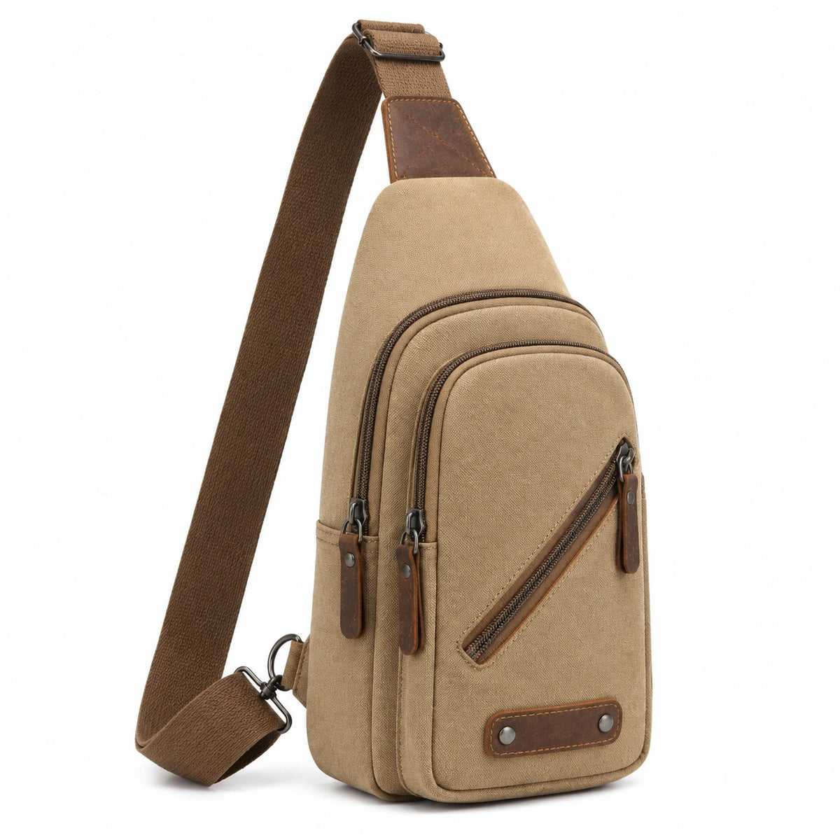 Borsa a tracolla 18 x 8 x 32 cm in tela beige e marrone con tasche zip stile casual