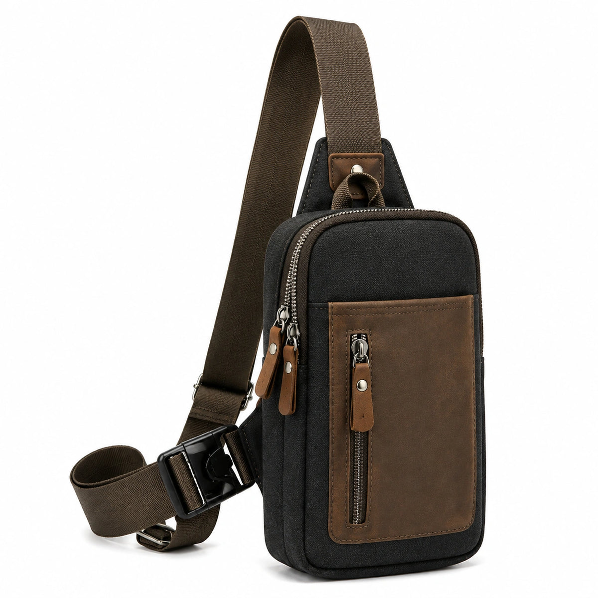 Borsa a tracolla 17 x 7 x 30 cm in tessuto nero e marrone con tasche zip