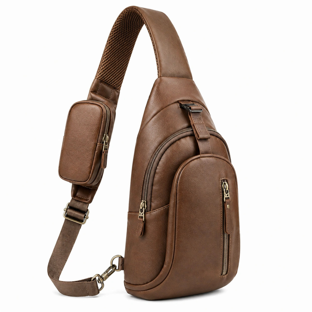 Borsa a tracolla compatta marrone in materiale sintetico effetto pelle con tasche zip