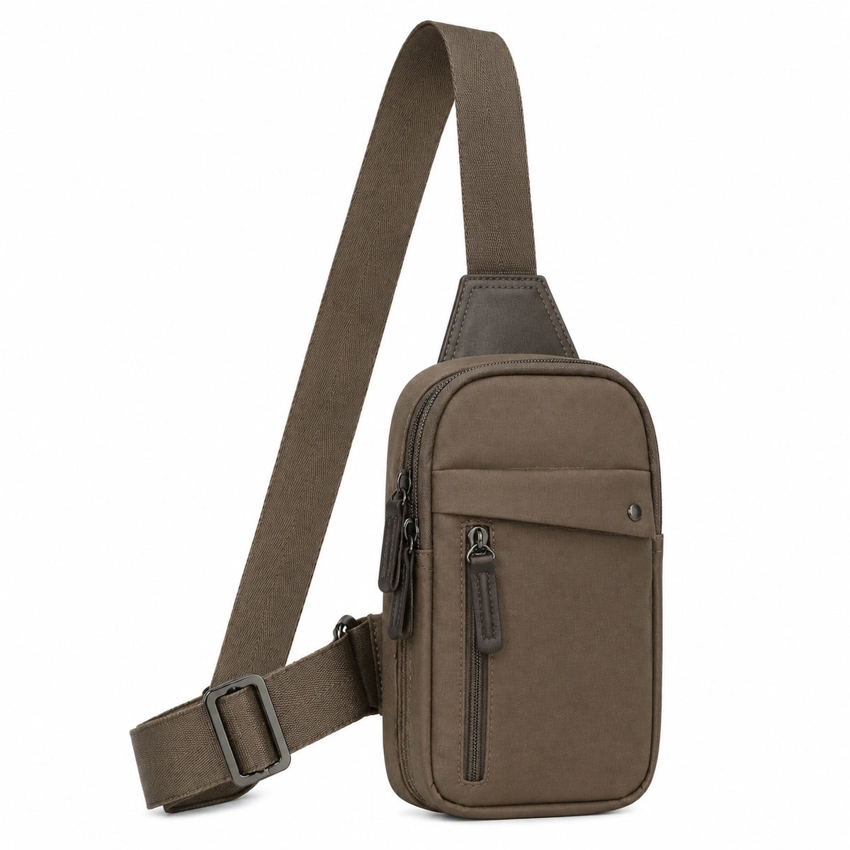 Borsa a tracolla compatta 18 x 7 x 32 cm in tessuto marrone con tasche zip regolabile