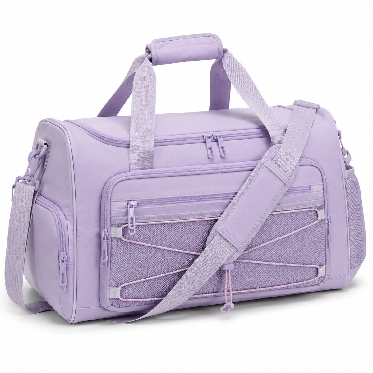 Borsone sportivo 45 cm in tessuto lilla con tracolla e tasche