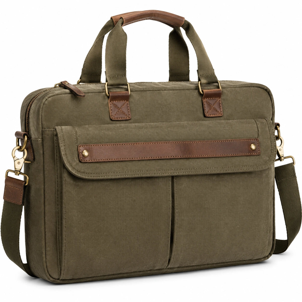 Borsa portadocumenti 40 cm in tela verde oliva con tracolla stile vintage