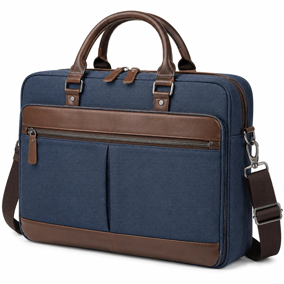Borsa portadocumenti 40 cm in tessuto blu e similpelle marrone con tracolla per lavoro