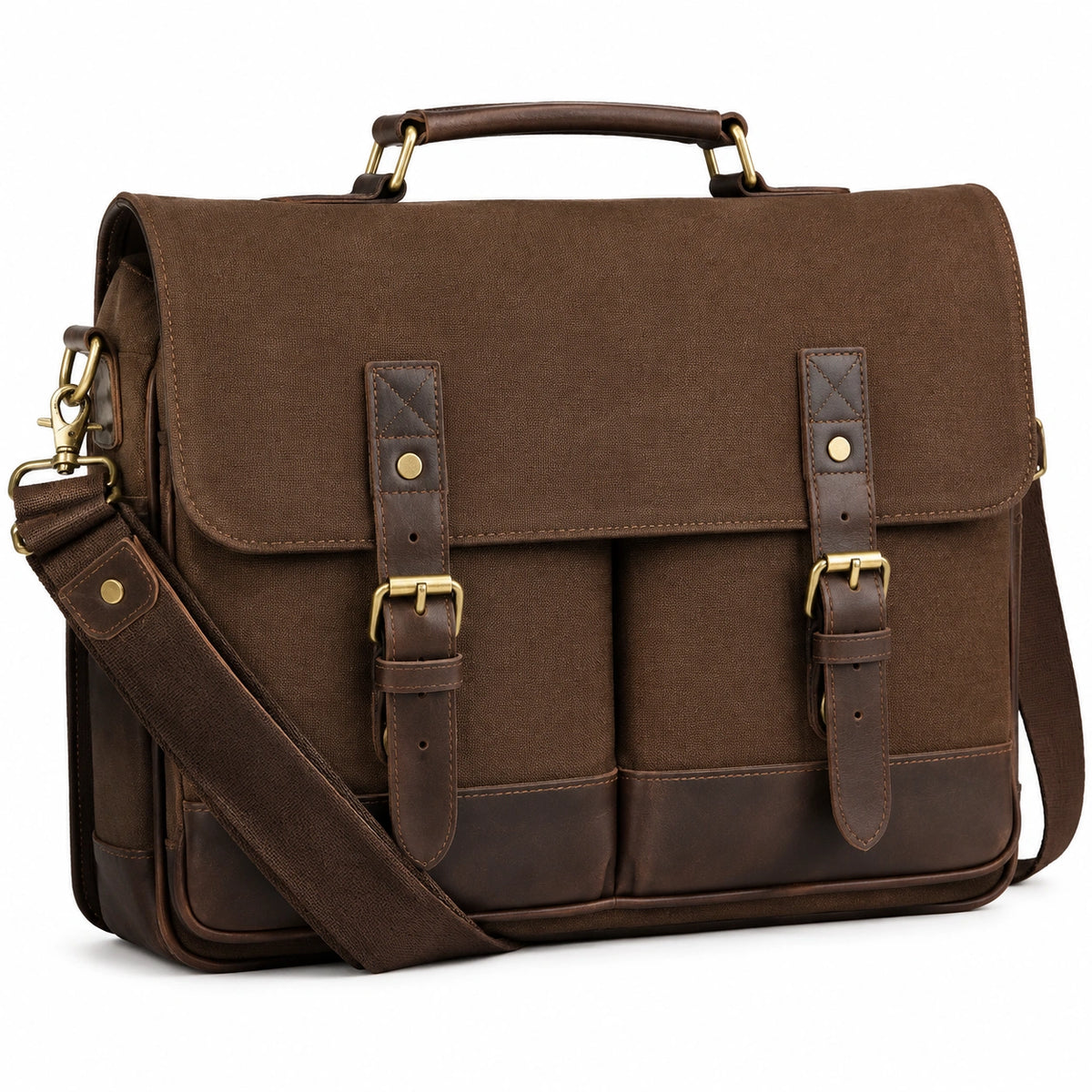 Borsa messenger 40 cm in tessuto marrone con dettagli effetto pelle - tracolla regolabile
