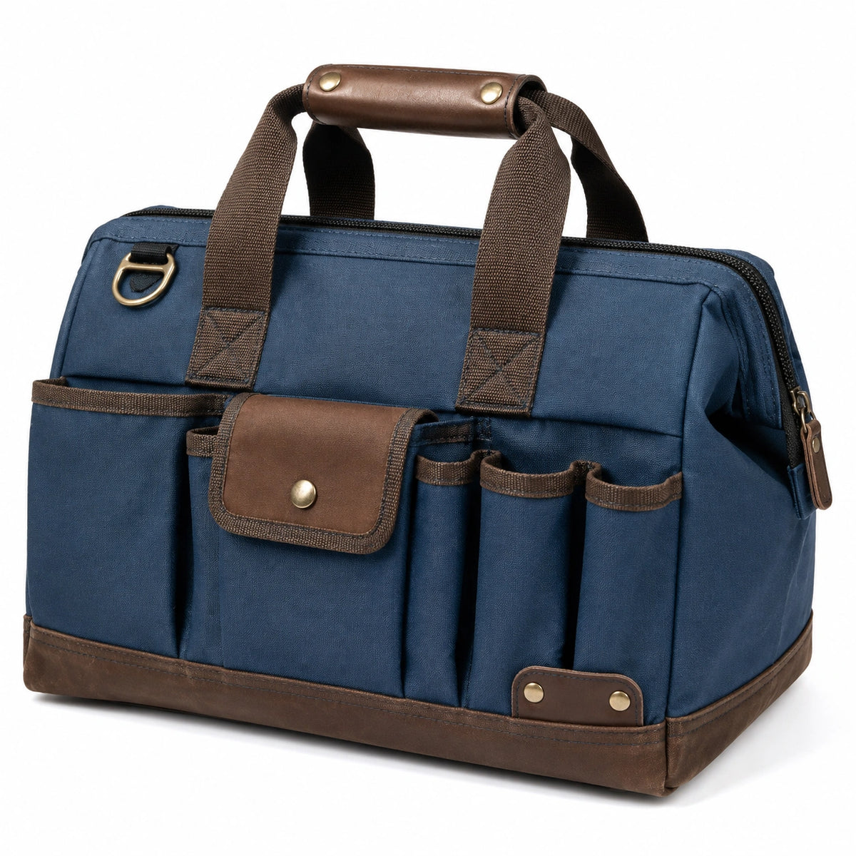 Borsa portautensili 40 x 20 x 30 cm in tessuto blu e marrone con tasche esterne