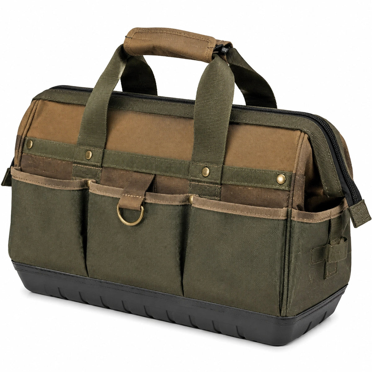 Borsa portautensili 40 cm in tessuto verde oliva e marrone con tasche esterne