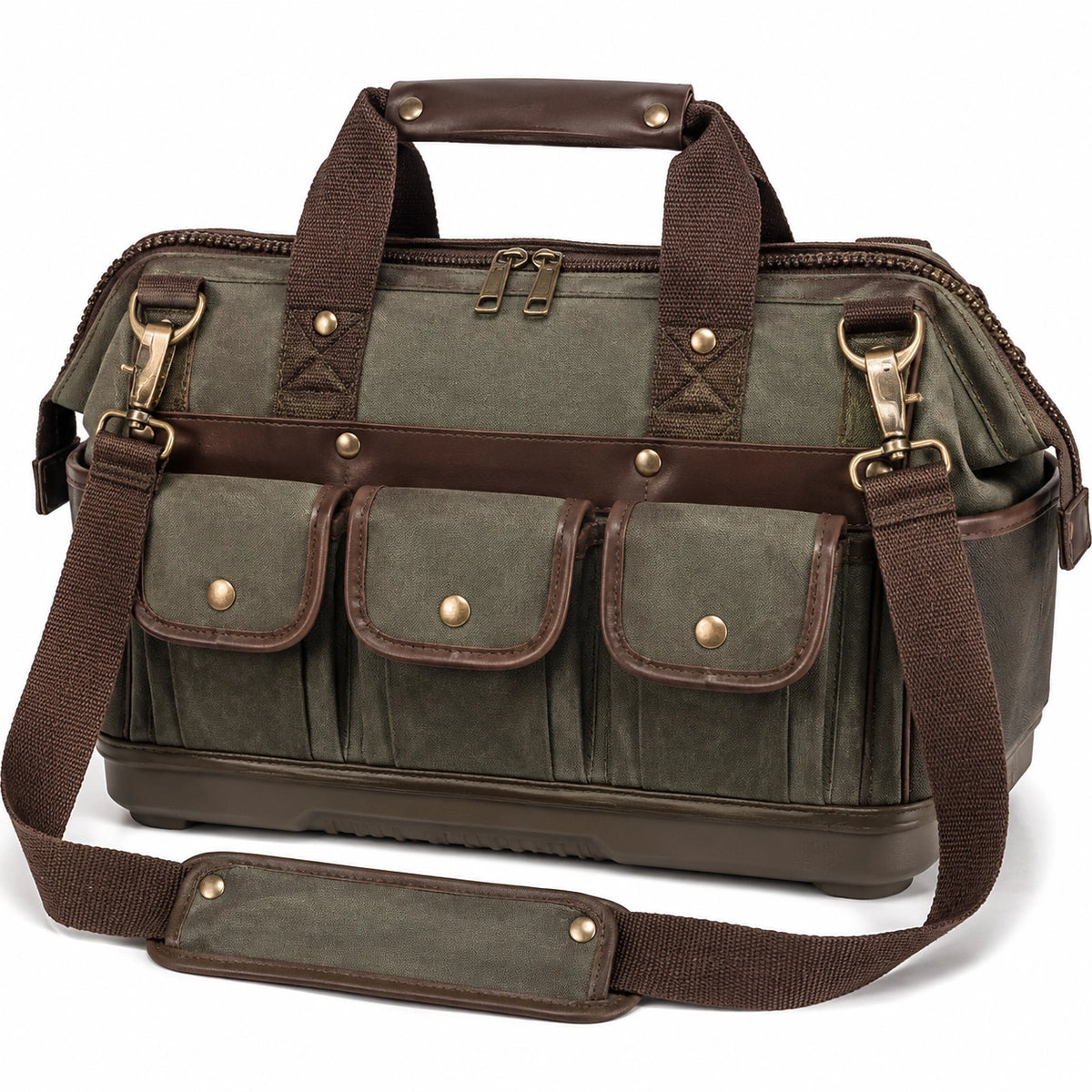 Borsa da viaggio 50 x 25 x 30 cm in tela verde oliva con inserti marroni e tracolla regolabile