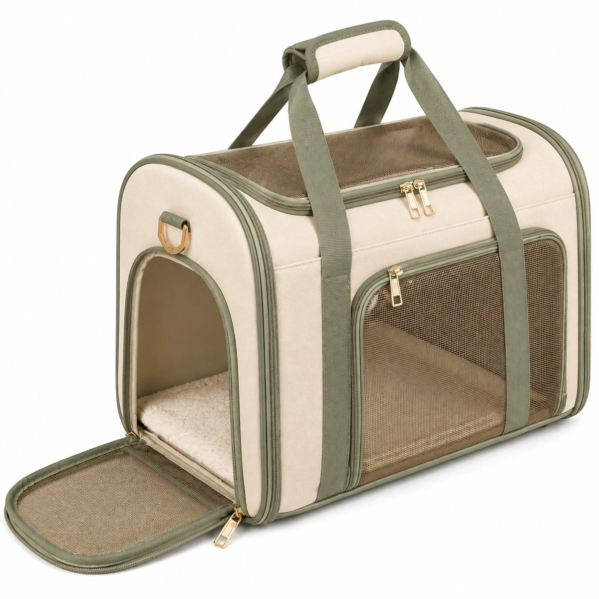 Trasportino per animali 45 x 28 x 30 cm in tessuto beige e verde con rete ventilata