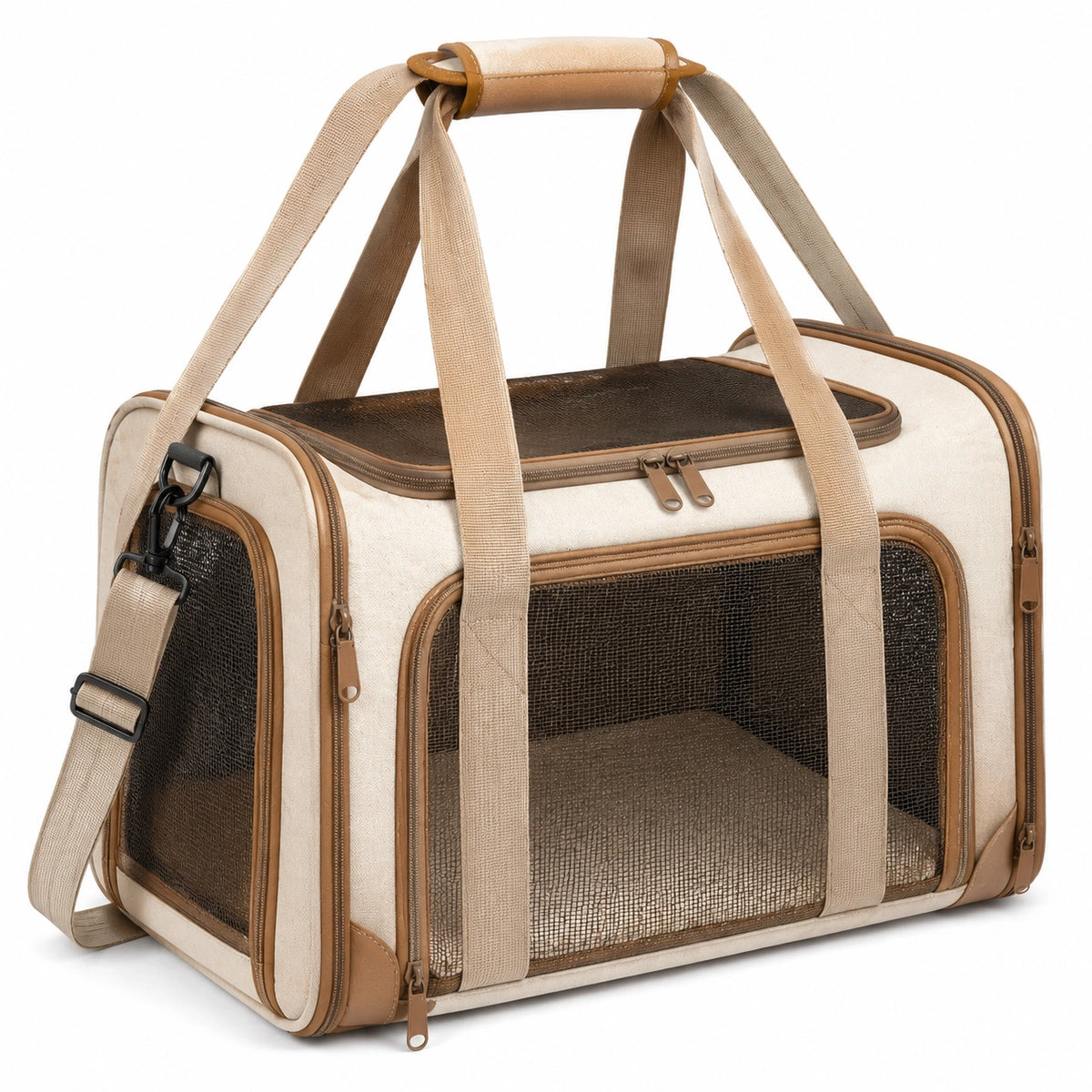 Borsa trasportino per animali 45 x 28 x 30 cm in tessuto beige e marrone con rete e tracolla regolabile