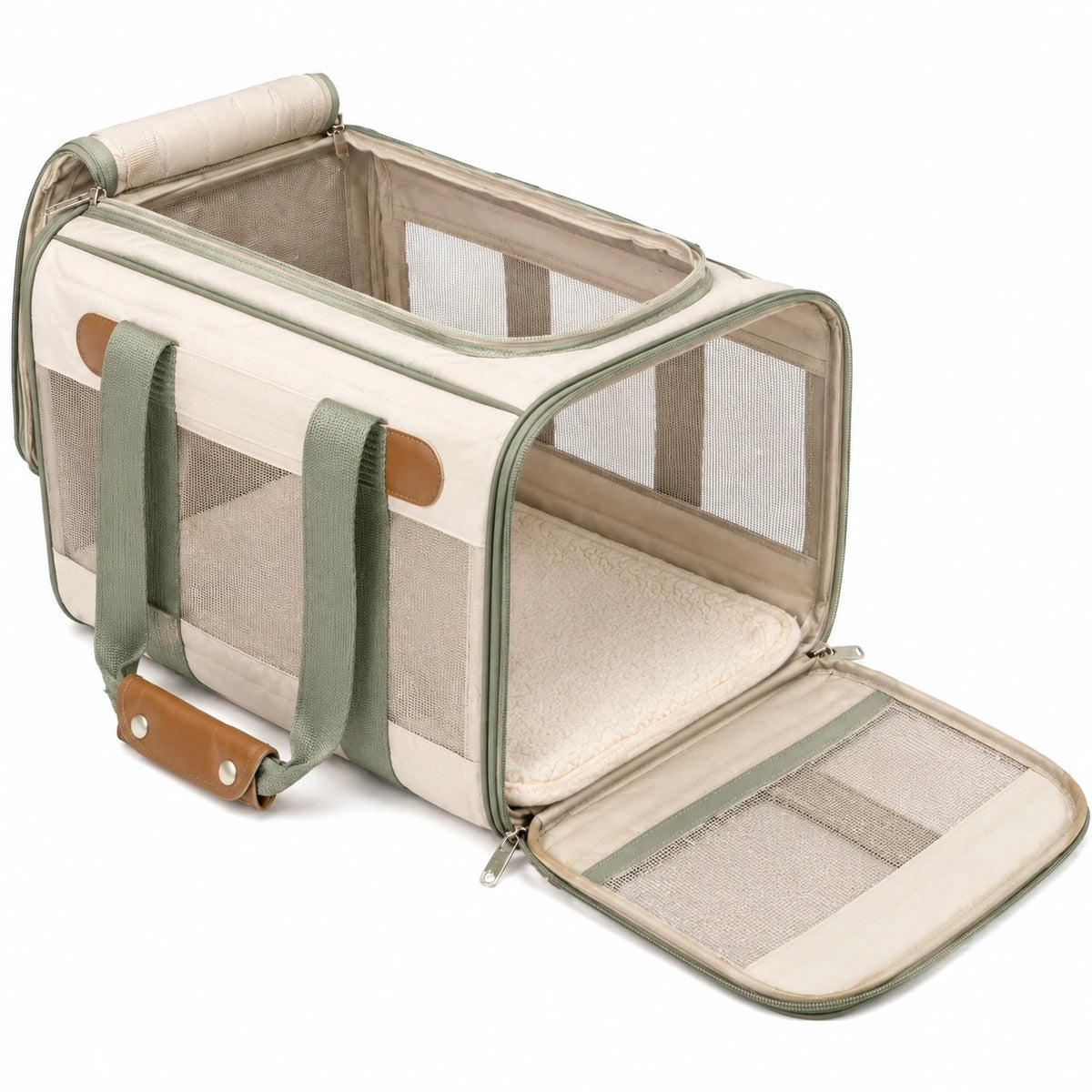Trasportino per animali 45 x 28 x 28 cm in tessuto crema e rete verde salvia con apertura frontale