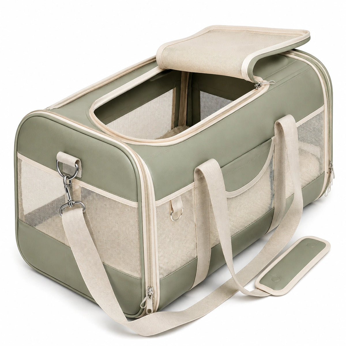 Trasportino per animali 46 x 28 x 28 cm in tessuto verde salvia con rete traspirante e tracolla