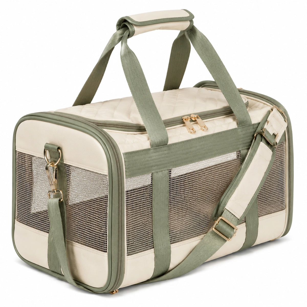 Trasportino per animali 45 x 28 x 30 cm in poliestere beige e verde con rete traspirante