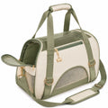 Borsa trasportino per animali 45 cm in tessuto verde e beige - ventilata con tracolla