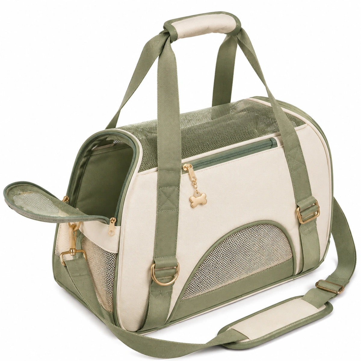 Borsa trasportino per animali 45 cm in tessuto verde e beige - ventilata con tracolla