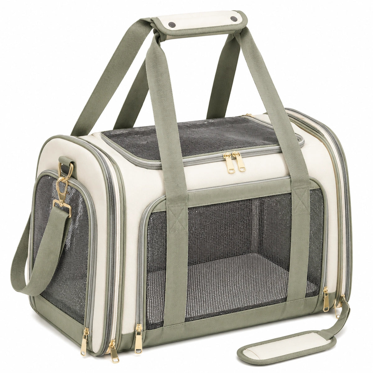 Trasportino per animali 45 x 28 x 30 cm in poliestere beige e verde con rete - Borsa pieghevole per piccoli animali