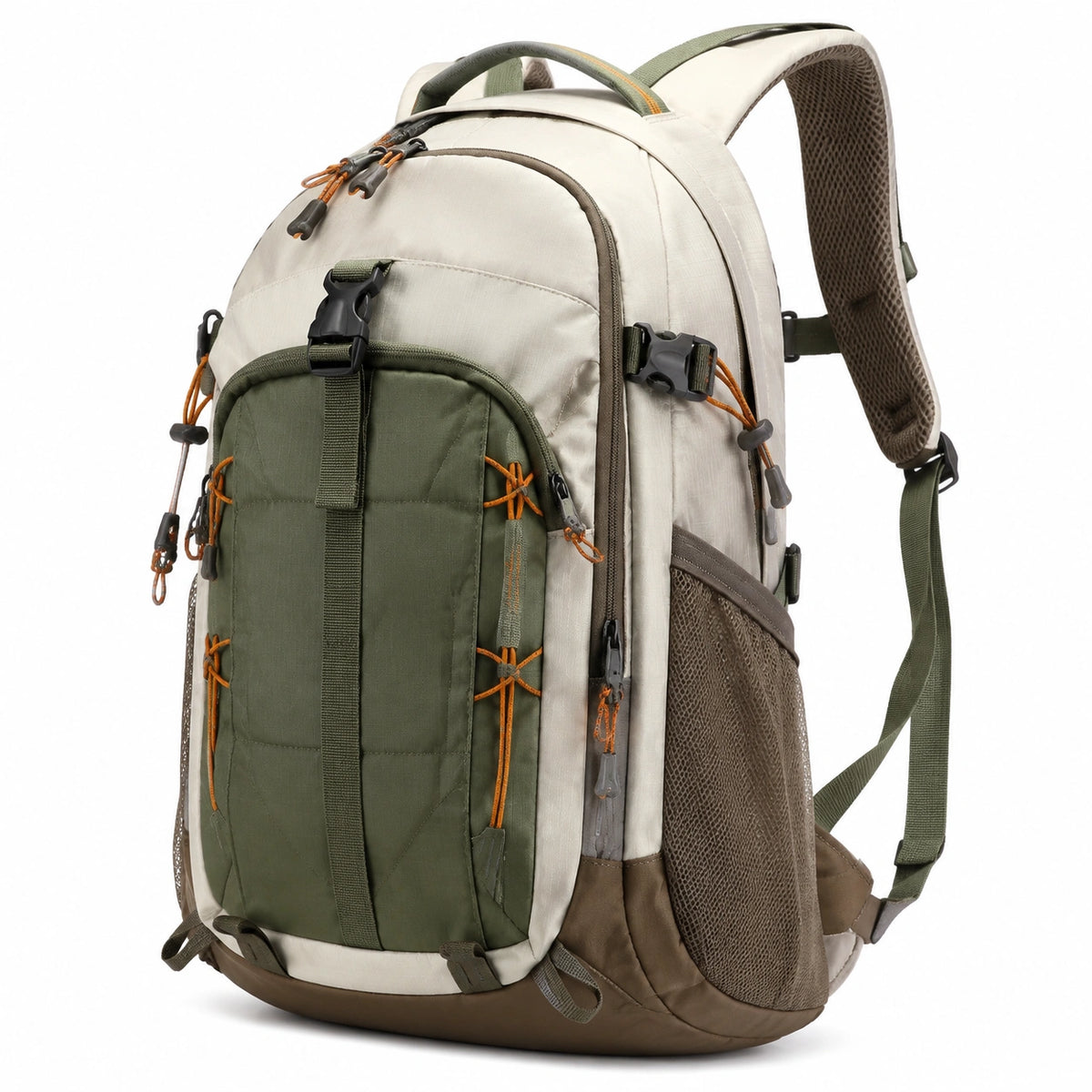 Zaino trekking 30 x 20 x 48 cm in tessuto sintetico beige verde e marrone con tasche e spallacci imbottiti