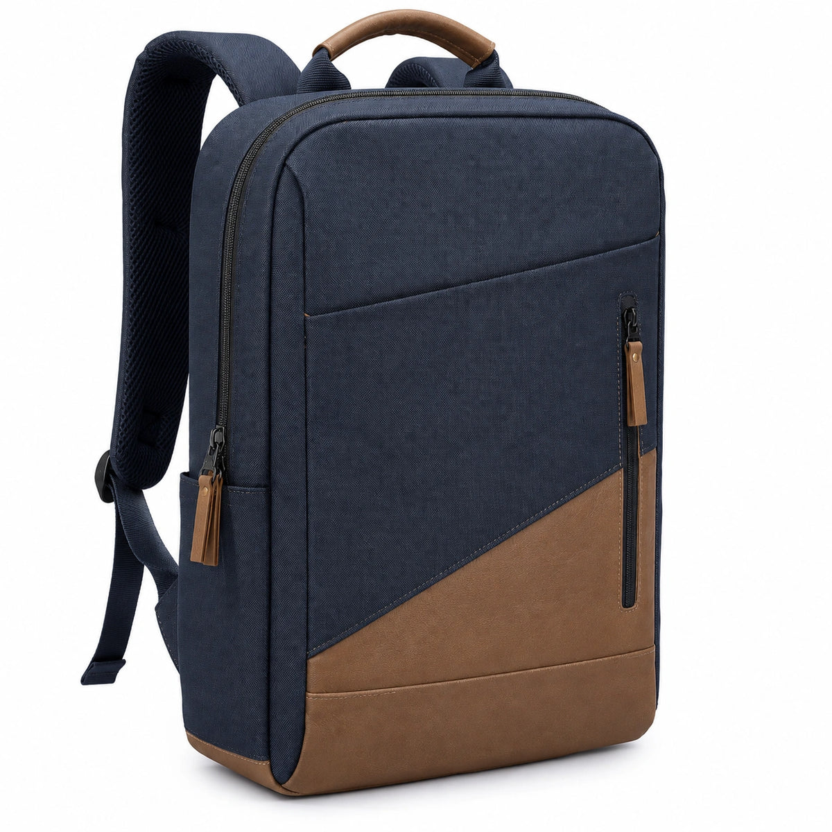 Zaino 30 x 15 x 45 cm in tessuto blu navy e marrone con inserti effetto pelle per lavoro
