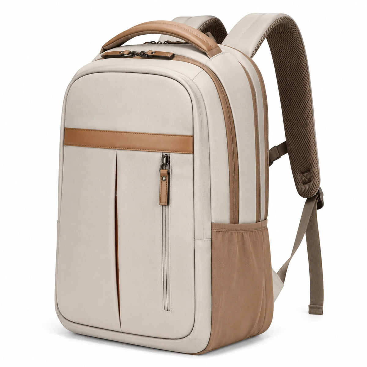 Zaino 30 x 16 x 43 cm in tessuto beige e marrone con tasche e spallacci imbottiti