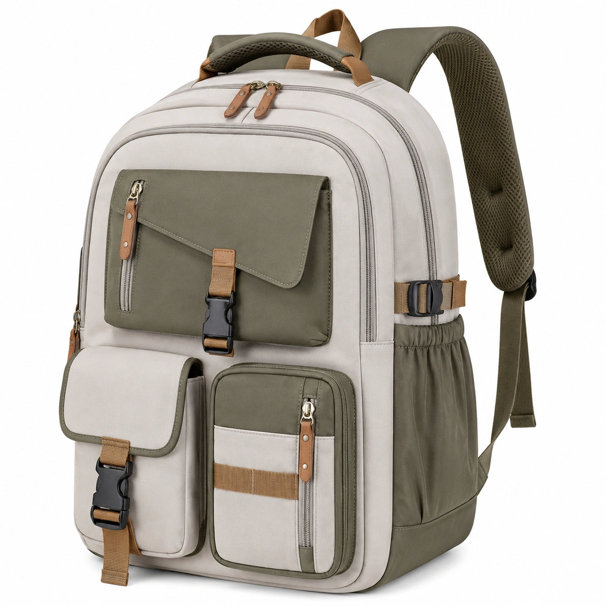 Zaino da viaggio 32 x 20 x 45 cm in poliestere beige e verde oliva con tasche multiple